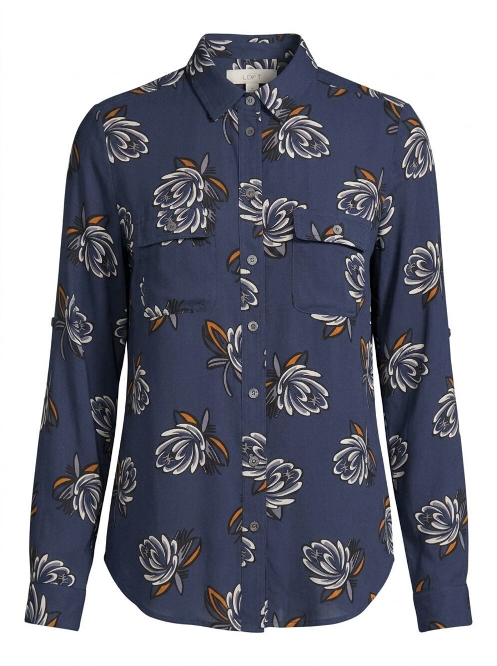Loft Blue Floral Long Sleeve Button Up Blouse Lightweight Women Size XS